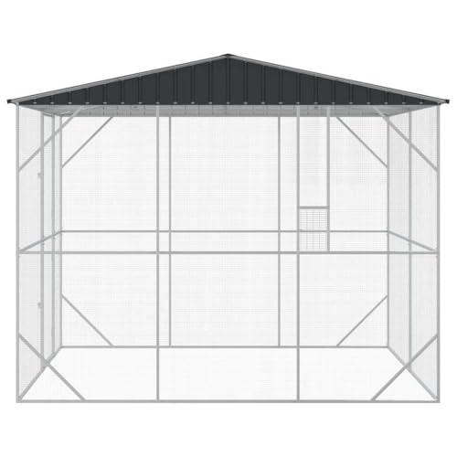 Kaloriko Vogelkäfig aus verzinktem Stahl Anthrazit 227 x 310 x 247 cm, geräumiger Voliere Ständer mit Dach und Gitter für Papagei, Nymphensittich und Kanarienvogel im Garten-6