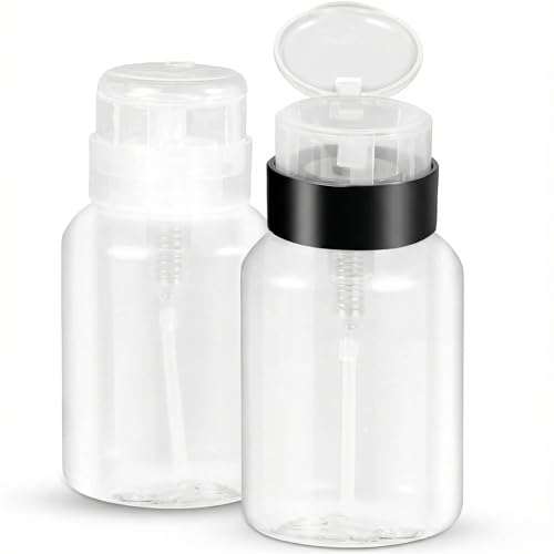 Nail Polish Remover Pump Dispenser, 2 Pack Acetone Safe ABS Bottle with Lockable Flip Cap - 200ml (6.8oz) Empty Push Down Container for Alcohol, Toner & Makeup Remover