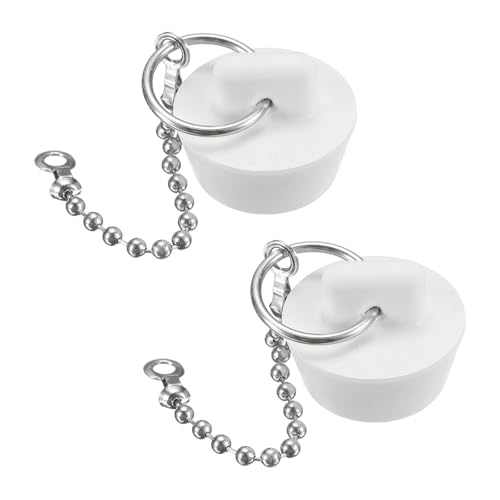 uxcell 2 Pcs Tub Stoppers, Rubber Bathtub Stoppers 7/8" to 1" Kitchen Sink Drain Stopper, Bathroom Drain Plug with Pull Ring and 15" Beaded Chain, White