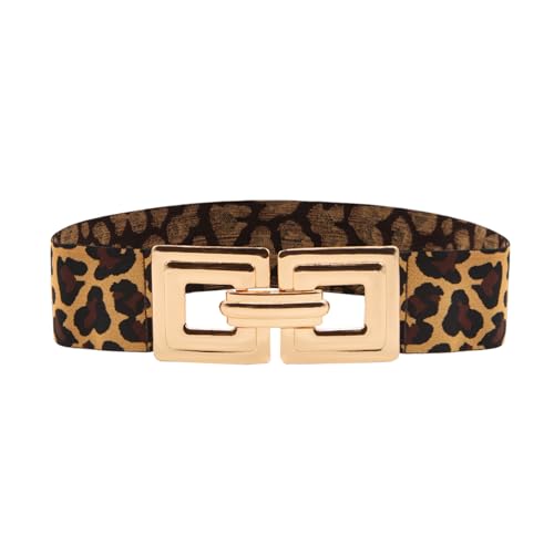 LJCZKA Damen Breiter Elastischer Taillengürtel Vintage Stretchy Gürtel mit Quadratischer Goldener Schnalle für Kleider Jeans Hosen (Leopard, Anzug Taillengröße 95cm-104.9cm)