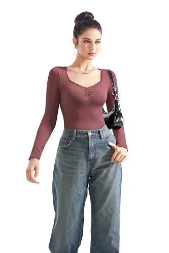 Image of SUUKSESS Women Sweetheart V Neck Long Sleeve Tops Lace Trim Ribbed Modal Fall Going Out Shirts