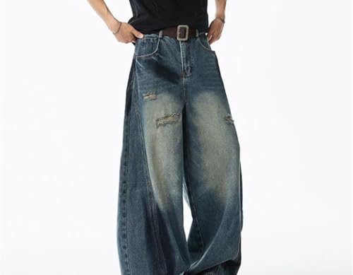 Mens Baggy Wide Leg Denim Pants Distressed Washed High Street Casual Office Trousers2