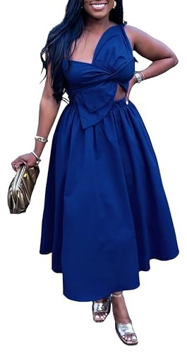 Image of YUEWOO Midi Dresses for Women Casual Summer Sundresses Vacation Outfits Spaghetti Strap Smocked Women Maxi Dress with Pockets