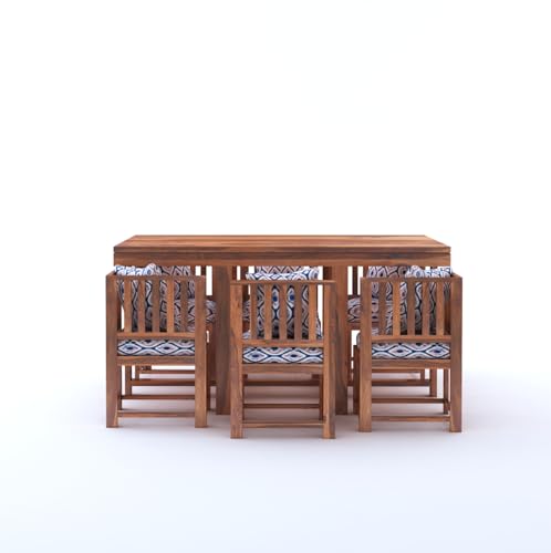 Image of Sheesham Wood 6 Seater Dining Table with 6 Cushion Chairs 6 Seater Wooden Dining Room Set Wooden Dinner Table Furniture for Living Room Home (Chestnut Teak)