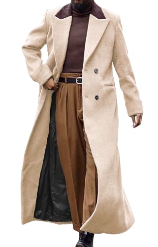 Image of Man's Double Breasted Full Length Trench Coat Casual Corduroy Collar Long Jacket Peacoat Wool Blend Winter