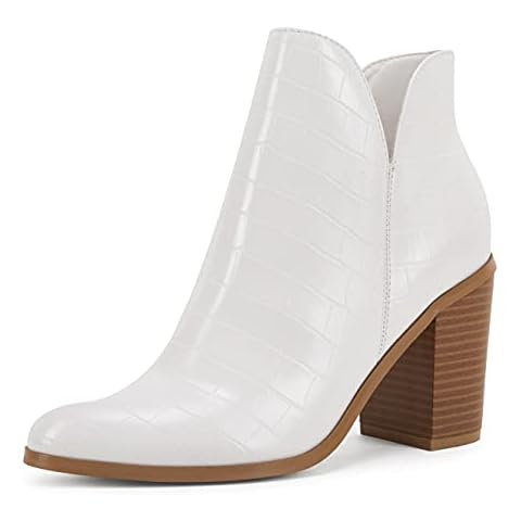 LAICIGO Women’ s V Cut Ankle Boots Side Zipper Chunky Block Mid Heel Stacked Booties Shoes, White, 5 UK Cover