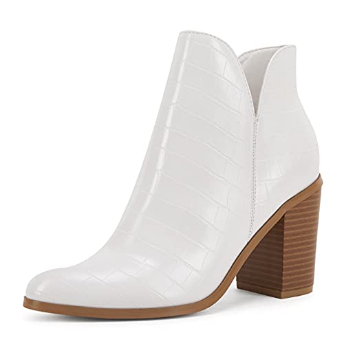 LAICIGO Womens V Cut Ankle Boots Side Zipper Chunky Stacked Heel Snakeskin Booties Shoes