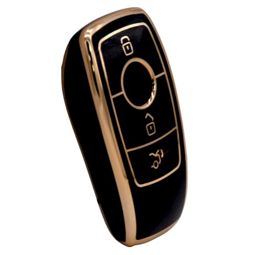 Image of KMH TPU Gold Car Smart Key Cover Compatible for Mercedes Benz E Series and S Series 3 Push Button Smart Key Shell Case Holder, Key Protector with Keychain (Black Gold) Pack of 2