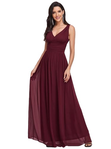 Ever-Pretty Damen Partykleid A-Linie V-Ausschnitt Ärmellos Chiffon Hohe Taille Burgund 40