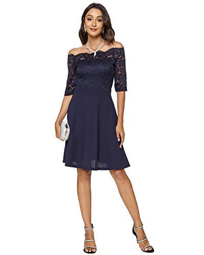 Image of Atnlewhi Womens Vintage Lace Floral Off Shoulder Elegant Swing Dresses A-line Mini Dress for Party Cocktail Wedding