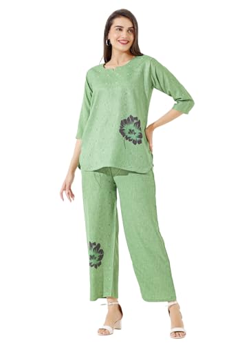 Image of Linen Printed Night Wear Top and Bottom Night Suit Set | Summer Outfit | Co-ord Set for Women | Shirt & Pajama | Night Suit Dress for Women