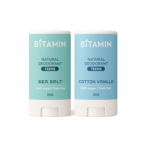 Image of Bitamin Natural Deodorant for Kids & Teens | With added 3% Vitamin C & E | No Aluminium, No Alcohol, No parabens, No Triclosan Unisex Deo (20 g (Pack of 2), Sea Salt & Cotton Vanilla)