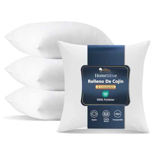 HomeSitive Relleno de Cojín 60 x 60cm (4 Unidades), Almohada Fibra Hueca Siliconada 100% Poliéster,para Sofá y Cama, Cojines Hipoalergénica y Transpirable