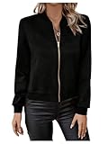 Verdusa Women's Zip Up Lightweight Bomber Jackets Streetwear Faux Suede Long Sleeve Short Outerwear Black Medium