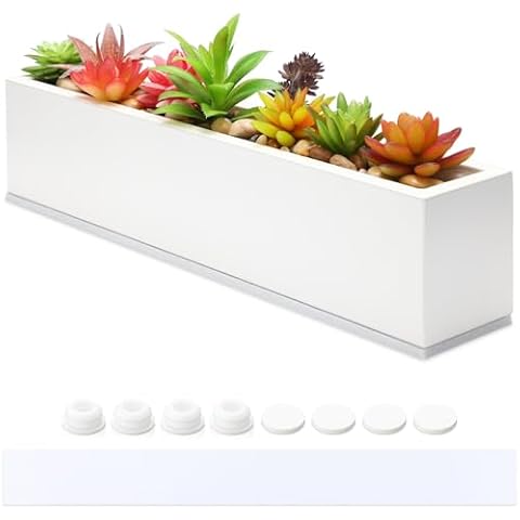 FillTouch Long Rectangular Planter Box Window Sill Planter Box Metal Water Trough Indoor Large Modern Steel Planter with Drainage Holes Herb Garden Planter Home (White,16.1 x 3.2 x 3.5 Inch) Cover