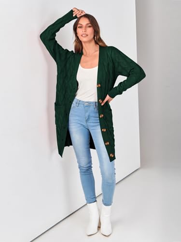 Image of PRETTYGARDEN Long Sleeve Cable Knit Long Cardigan for Women 2026 Spring Winter Chunky Open Front Button Sweaters with Pockets