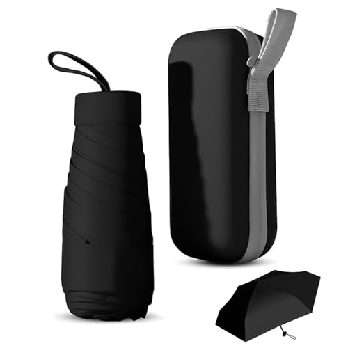Amexo Mini Paraguas Plegable con Estuche, Paraguas Pequeño con 6 Costillas Paraguas Compacto Paraguas Resistente al Viento Paraguas Viaje Resistente a los Rayos UV para Mujer Hombre Niños (Negro)