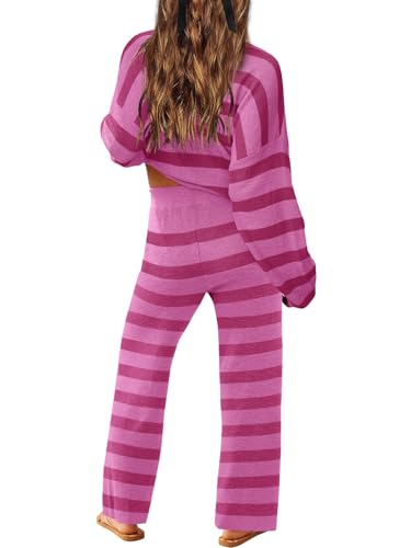 Image of LAMISSCHE Oversized Womens Lounge Set Striped Sweater Set Long Sleeve 2 Piece Pajama Set Top and Pants with Pockets