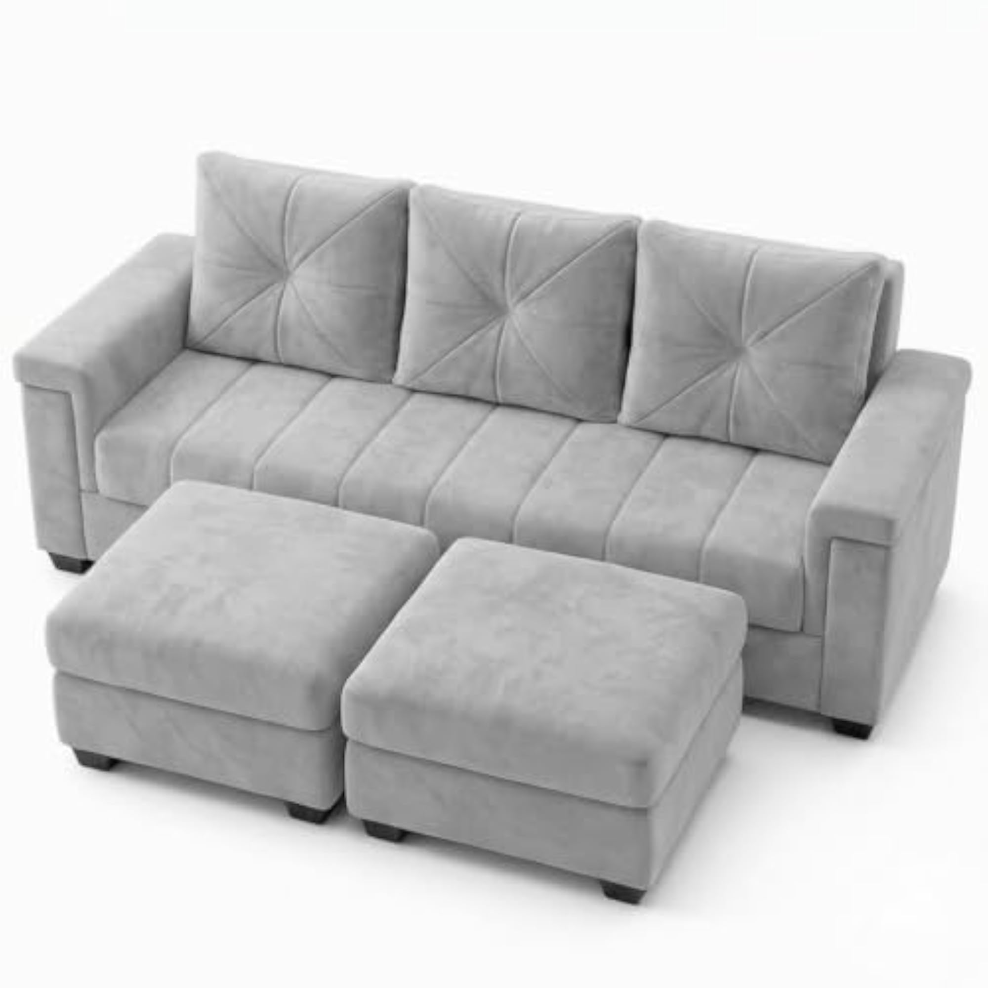 Peter Plush Velvet 5 Seater L Shape Sofa Set with Movable Ottomans