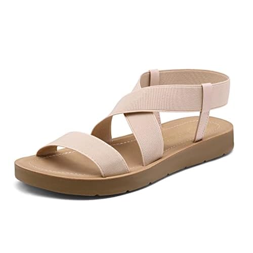 DREAM PAIRS Women's Open Toe Elastic Ankle Strap Flat Summer Sandals 5 Nude