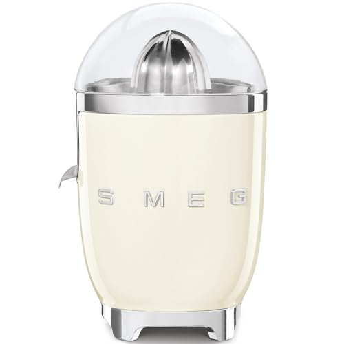 Smeg, Spremiagrumi Elettrico CJF11CREU, Spremitura a Pressione Manuale, Beccuccio Antigoccia e Cono Universale, Base Antiscivolo, Avvolgicavo Integrato, 70W, Panna
