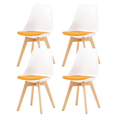 H.J WeDoo Lot de 4 Chaises de Salle à Manger Scandinaves, Chaises de Cuisine Classique avec Coussin en Cuir Orange & Bois de Hêtre Massif, Blanc & Orange