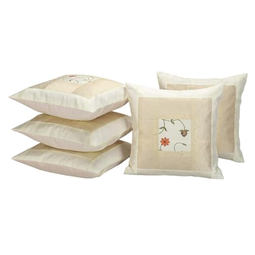 Image of Living Room Sofa Decor Flower Embroidered Silk Cushion Covers Scatter Cushion 16 X 16 Inches Set of 5 Pillowcase sham (Cream)