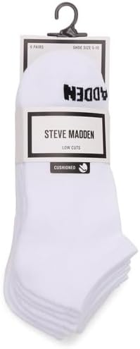 Steve Madden Women's 5pk Ruffle Cuff Solid Low Cut Half Cushion, White, Value Pack Of 5, Sock Size 9-11, Fits Shoe Size 5-10