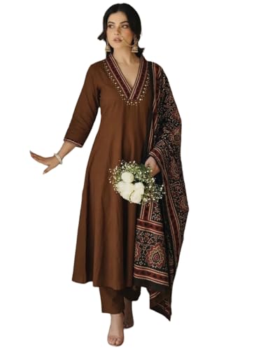 Image of ANNI Designer Viscose Blend Printed A-Line Kurta with Pant and Dupatta for Women | Viscose Blend Brown | 3 /4 Sleeve | V-Neck | Ethnic Wear Casual Wear
