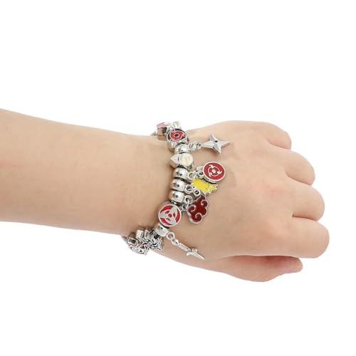 Anime Themed Charm Bracelet, Silver Metal, Red Enamel Charms, Ninja Character Design, 7.08 Inch Chain with 1.96 Inch Extender, Cosplay Jewelry2