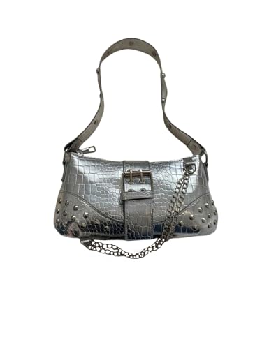 Women's Metallic Zipper Buckle Shoulder Handbags Chain Square Underarm Hobo Bags Purse - Main Image