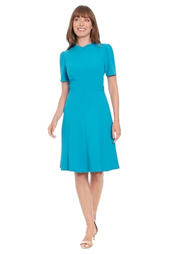 London Times Women's Dresses Women's Mock Neck Short Puff Sleeve Fit and Flare - Professional Work Dress - Wedding Guest Cocktail Dress, Barrier Reef, 8