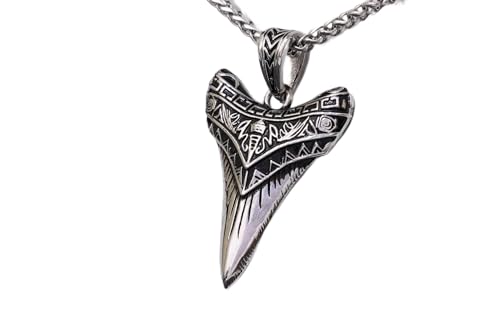 Shark Tooth Necklace for Men Women & Kids - 316 Stainless Steel Pendant with Tribal Engravings - 22-24 Chain with Lobster Clasp - Saltwater Safe Ocean-Inspired Jewelry - Gift Ready Premium Box
