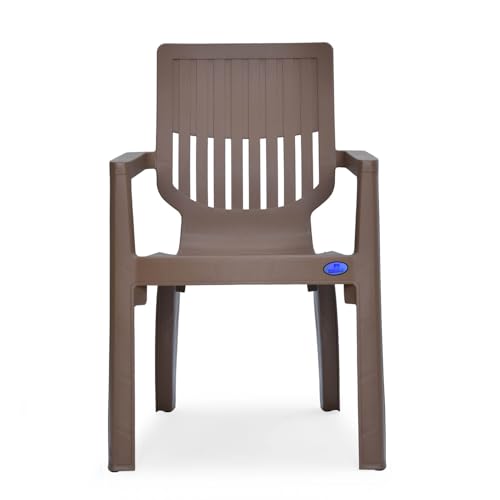 Image of Nilkamal Ortho Comfort Plastic Chair with Arm | 3 Year Warranty | Stackable Chair for Home, Living Room, Dining Room, Cafe & Balcony | Ergonomic Back Support | Indoor & Outdoor Use | Rattan Dark Beige
