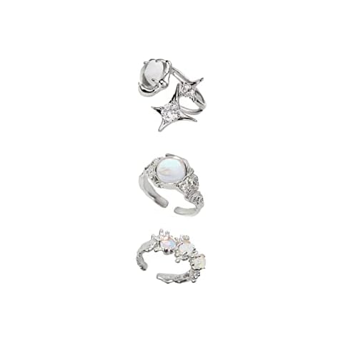 KURTCB Y2K Rings Irregular Moonstone Carnelian Opal Rings Set Agate Opening Adjustable Stackable Rings for Women (Silver) Cover