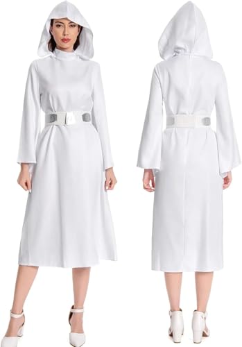 Taeyue Costume de princesse pour femme - Robe à capuche - Ceinture - Tenue d'Halloween, Blanc., S