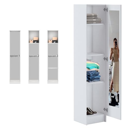 HABITMOBEL Armario con Espejos 181 Suelo ropero auxilar o despensero almacenaje Multiusos 1 Puerta Acabado Blanco 180cm Espejos inlcuidos