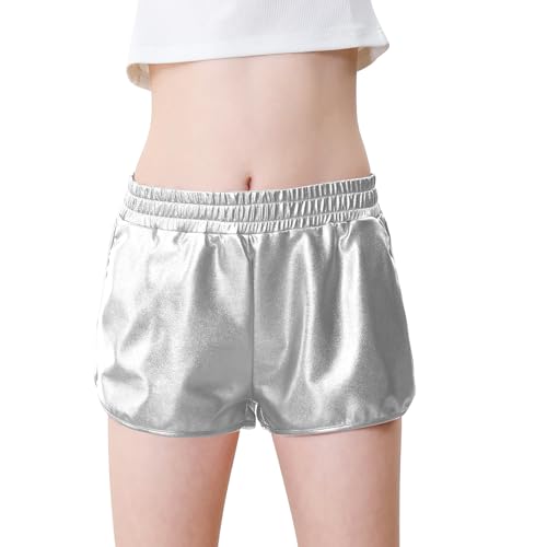 YgneeDom Girls Metallic Shorts Shiny Dance Hot Pants Sparkly Athletic Shorts 80s Outfits Pants for Kids