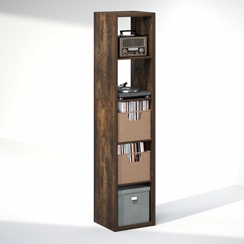 Image of Furinno Cubicle Record Player Stand, 5-Cube Record Storage, Amber Pine | Vinyl Storage, 1.2 inchInch Extra Thick, Open Back Media Shelf for CD DVD Bluray Game Disc, for Living Room, Home Office