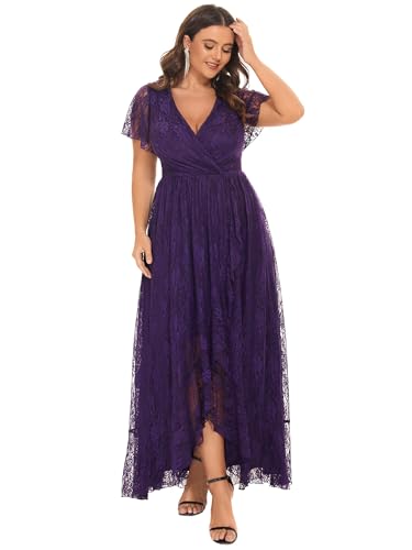 Ever-Pretty Plus Women's V Neck Ruffles Sleeves Lace Summer Mother of The Bride Dresses Plus Size Semi Formal Dress 01489-DA4