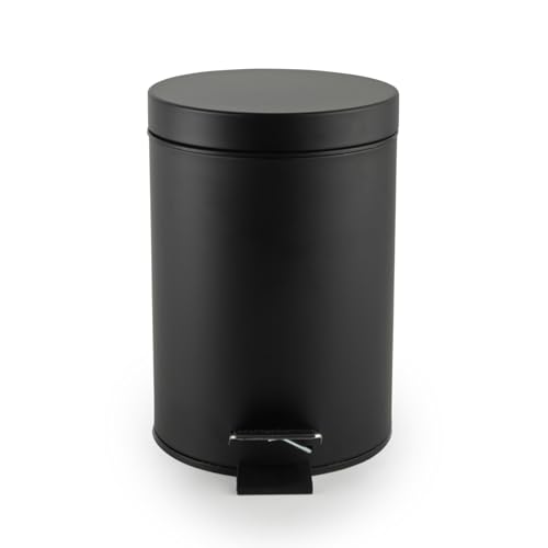Beldray LA038098BLKFEU7 Bathroom Pedal Bin Small Round Stainless Steel Sanitary Waste Bin For Bedroom Office Kitchen Toilet Soft Close Rubbish Bin Removable 3L Inner Bucket Carry Handle Black