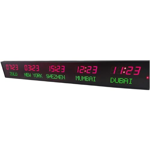 World Clock, Large Digital 5 Time Zone LED Wall Mounted Clock, Adjustable Brightness, Ideal for Offices and Hotels