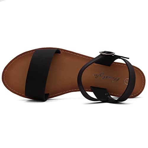 Herstyle Keetton Women's Open Toes One Band Ankle Strap Flat Sandals Black 11.0