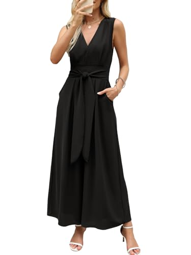 CUPSHE Damen Jumpsuit Tiefer V-Ausschnitt Ärmellos Overall Gesmokte Taille Weite Bein Sommer Elegant Playsuit mit Gürtel CUPSHE Damen Jumpsuit Tiefer V-Ausschnitt Ärmellos Overall Gesmokte Taille Weite Bein Sommer Elegant Playsuit mit Gürtel