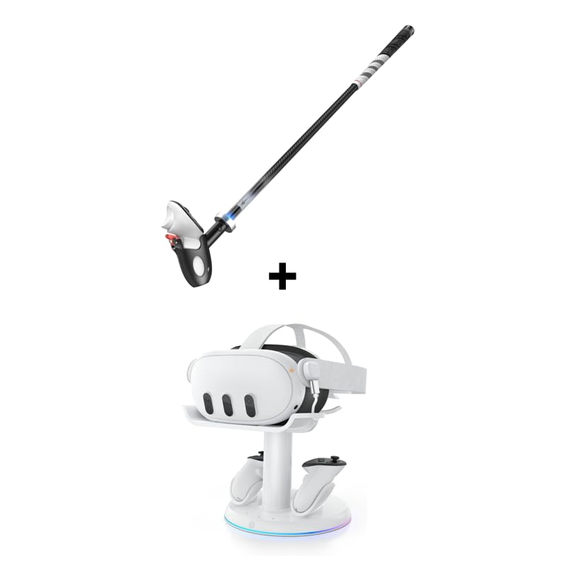 AMVR RGB Charging Dock and VR Haptic Feedback Golf Club Attachment Compatible with Meta Quest 3/Quest 3S