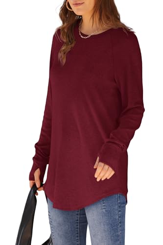 Image of XIEERDUO Womens Tunic Tops to Wear with Leggings Long Sleeve Thumb Hole Shirts Crew Neck Curved Hem