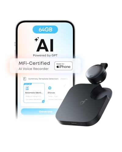 soundcore Work AI Voice Recorder by Anker Wearable Note Taker for Meetings Transcribe and Summarize MFi Certified 64GB 150+ Languages USB-C Charging 32H Recording Find My