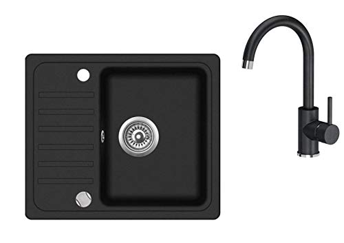 Spülbecken Schwarz 55 x 46 cm Einzelbecken Einbauspüle gesprenkelt reversibel + Drexexcenter + Siphon Waschbecken 360°drehbar U- Form
