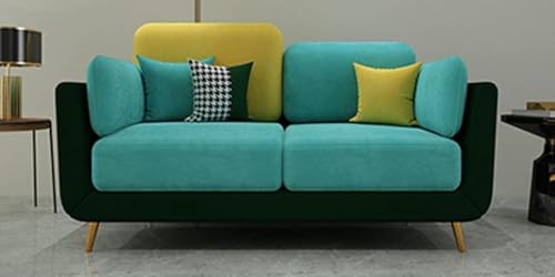 Image of Modern & Luxury Cushioned Couch Relax sectional Sofa in Fabric & Velvet and Heavy Duty Sofa Ideal for bedrooms, Living Rooms, Guest Rooms and Office-(2 Seater Sky Blue & Green).