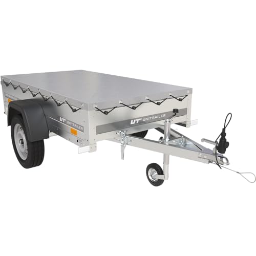 UNITRAILER Garden Trailer 200 Kipp - PKW Anhänger 200x106 cm 750 kg, mit Graue Anhänger Flachplane und Stützrad; Auto Anhänger 750 kg mit Kippbarer V-Deichsel, Geöffnete Heckklappe